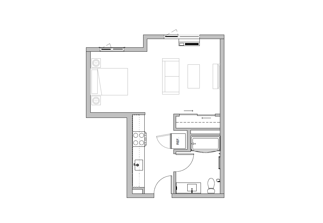 Floor plan for studio, 1 bath, 494 sqft